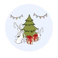 Christmas tree gift white rabbit on blue circle sticker. Winter holiday art design stock vector illustration